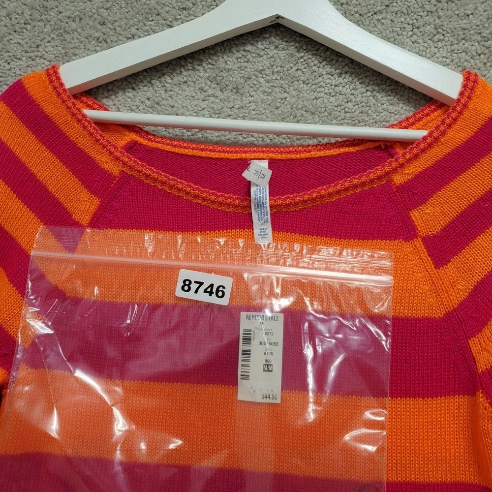 Aeropostale Sweater Womens Medium Orange Red Stripe Crew Neck‎ Knit Pullover
